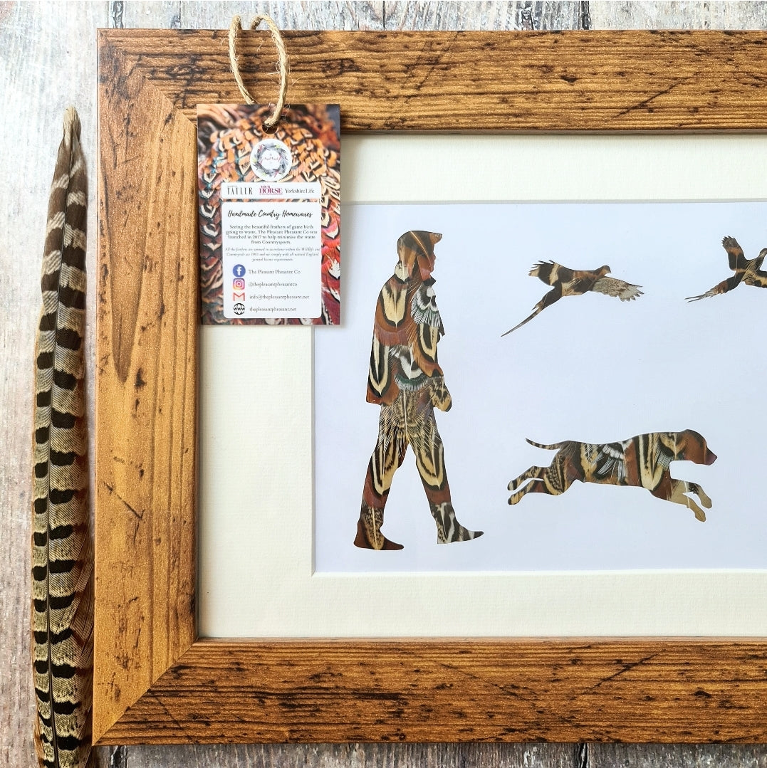 Man, running Labrador and Pheasants